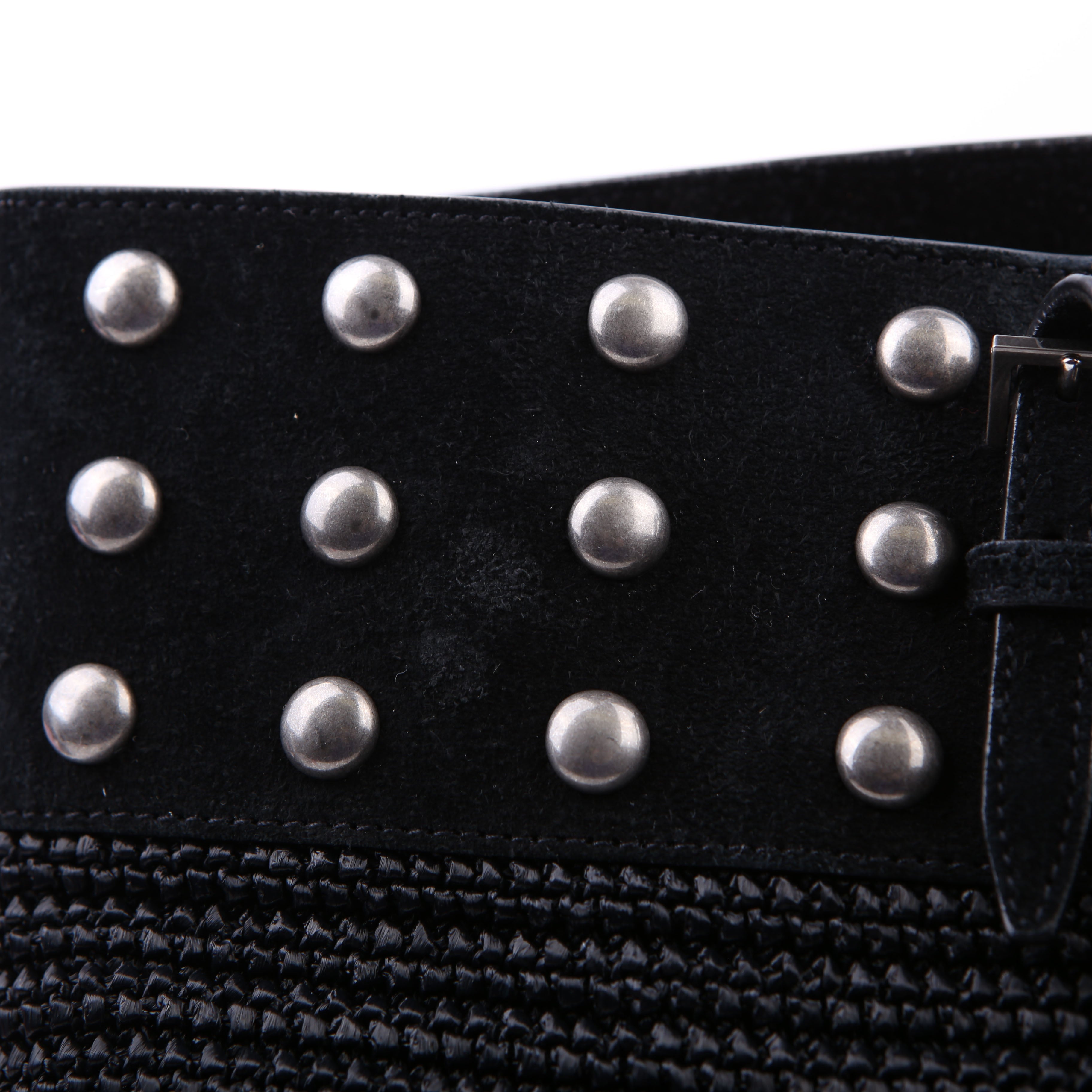 SAINT LAURENT Raffia/Leather Studded Shopping Tote Black