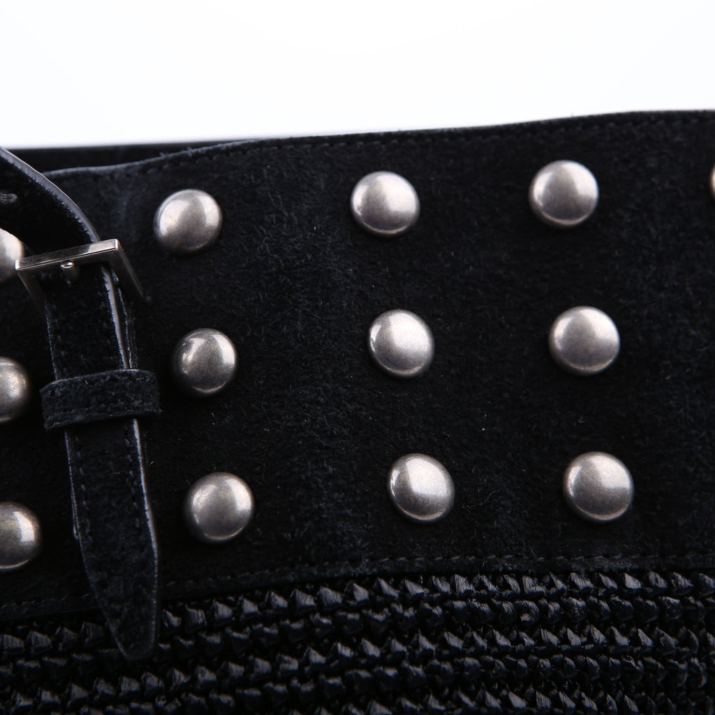 SAINT LAURENT Raffia/Leather Studded Shopping Tote Black