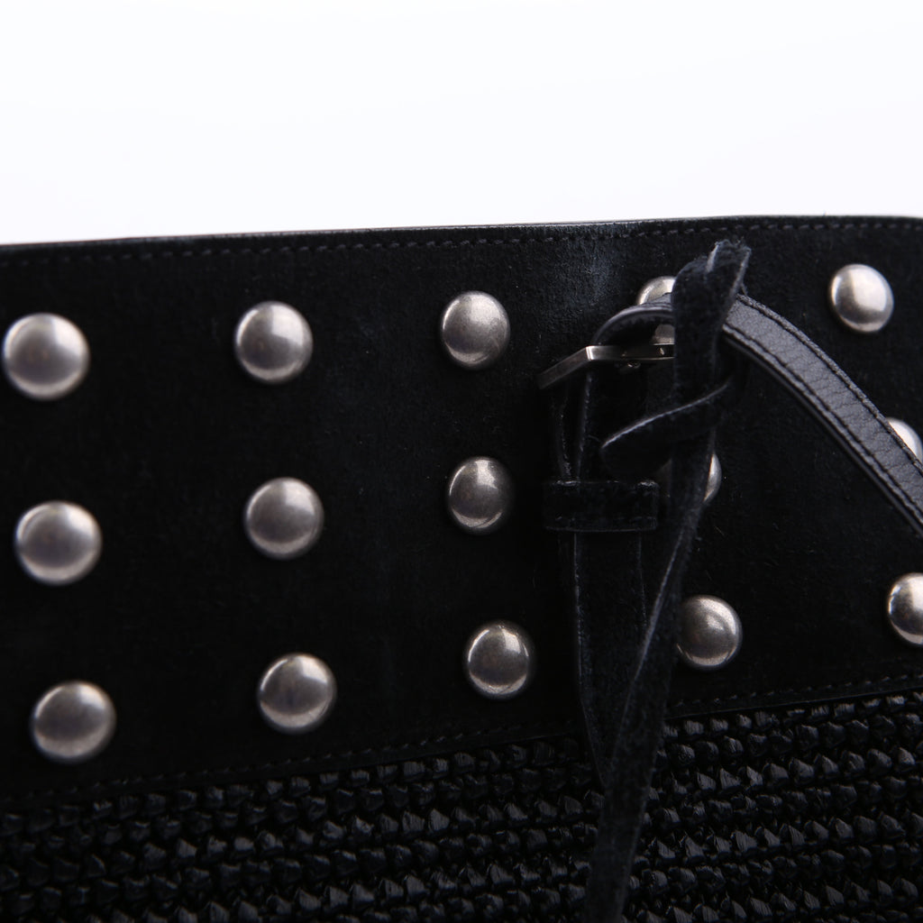SAINT LAURENT Raffia/Leather Studded Shopping Tote Black