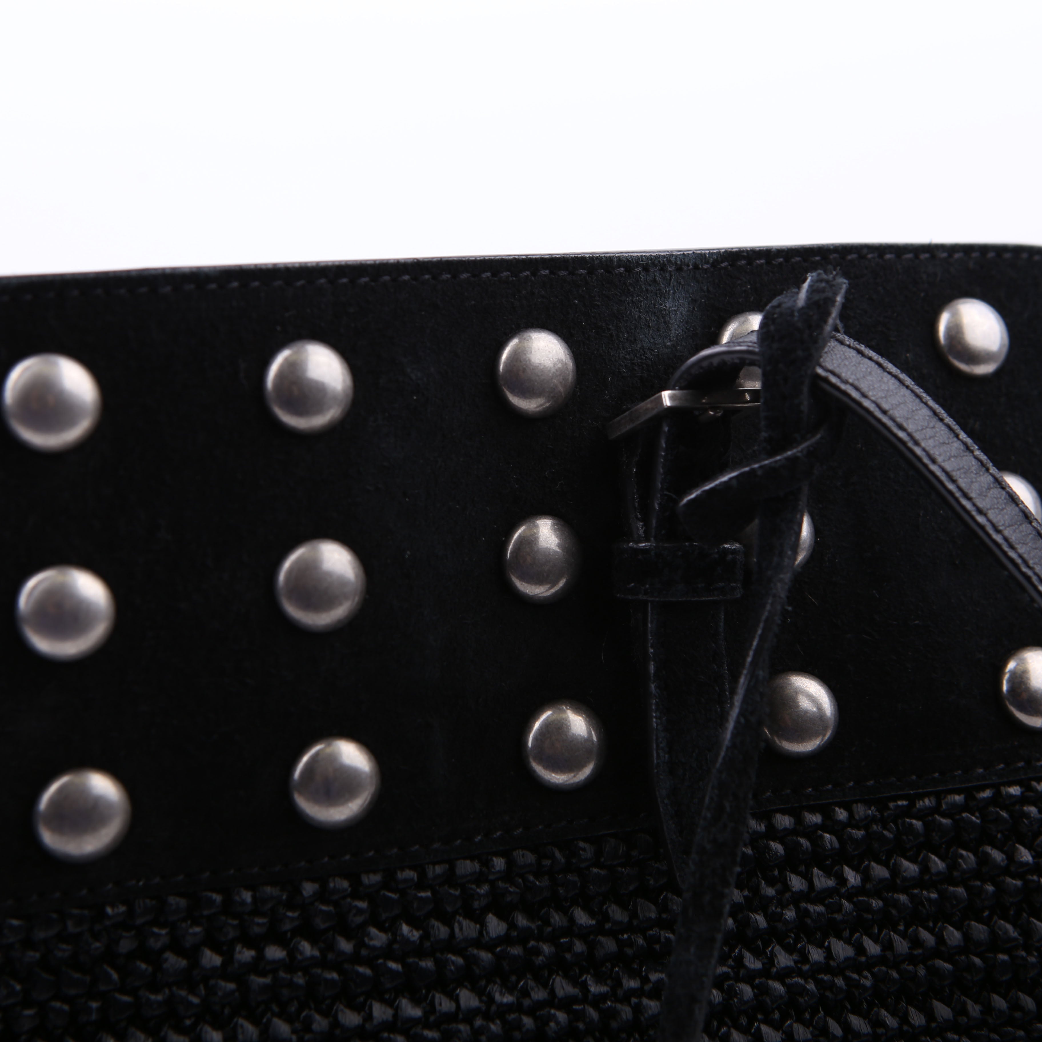 SAINT LAURENT Raffia/Leather Studded Shopping Tote Black