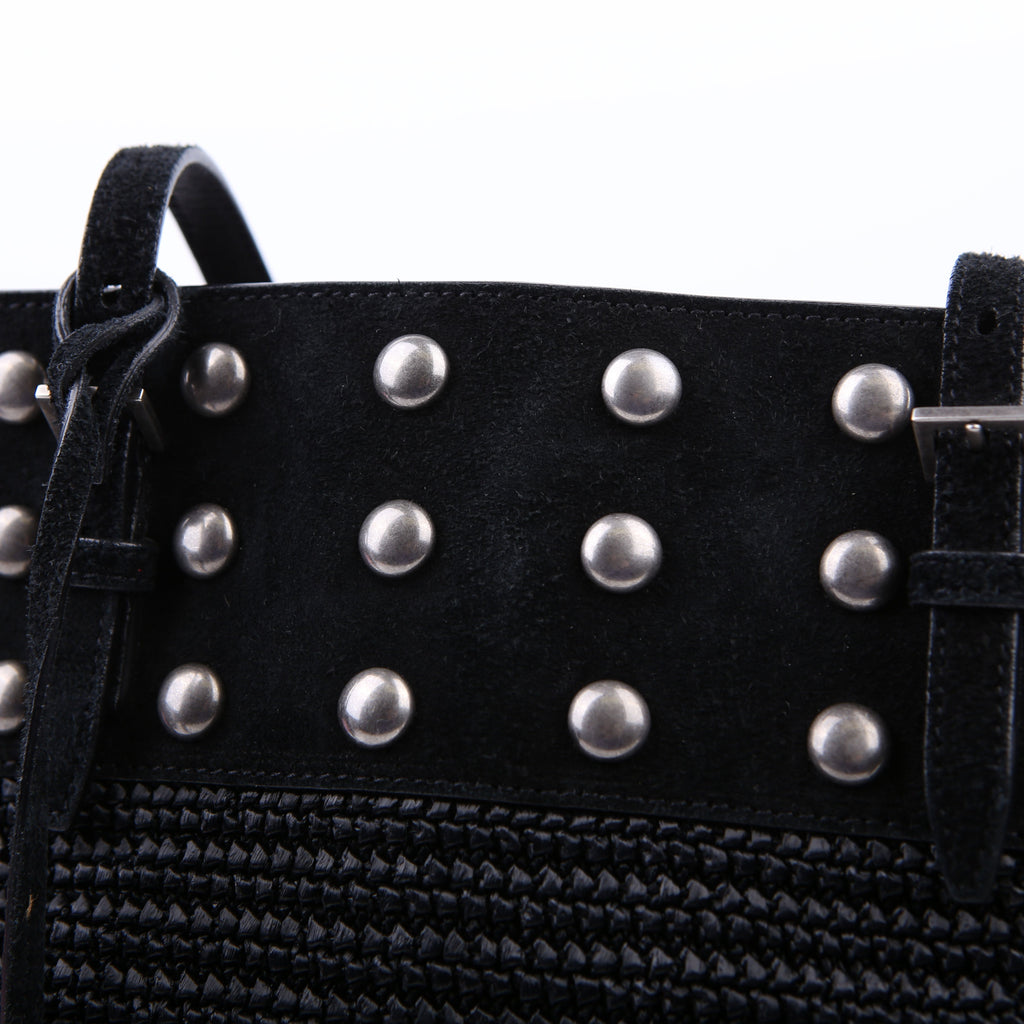 SAINT LAURENT Raffia/Leather Studded Shopping Tote Black