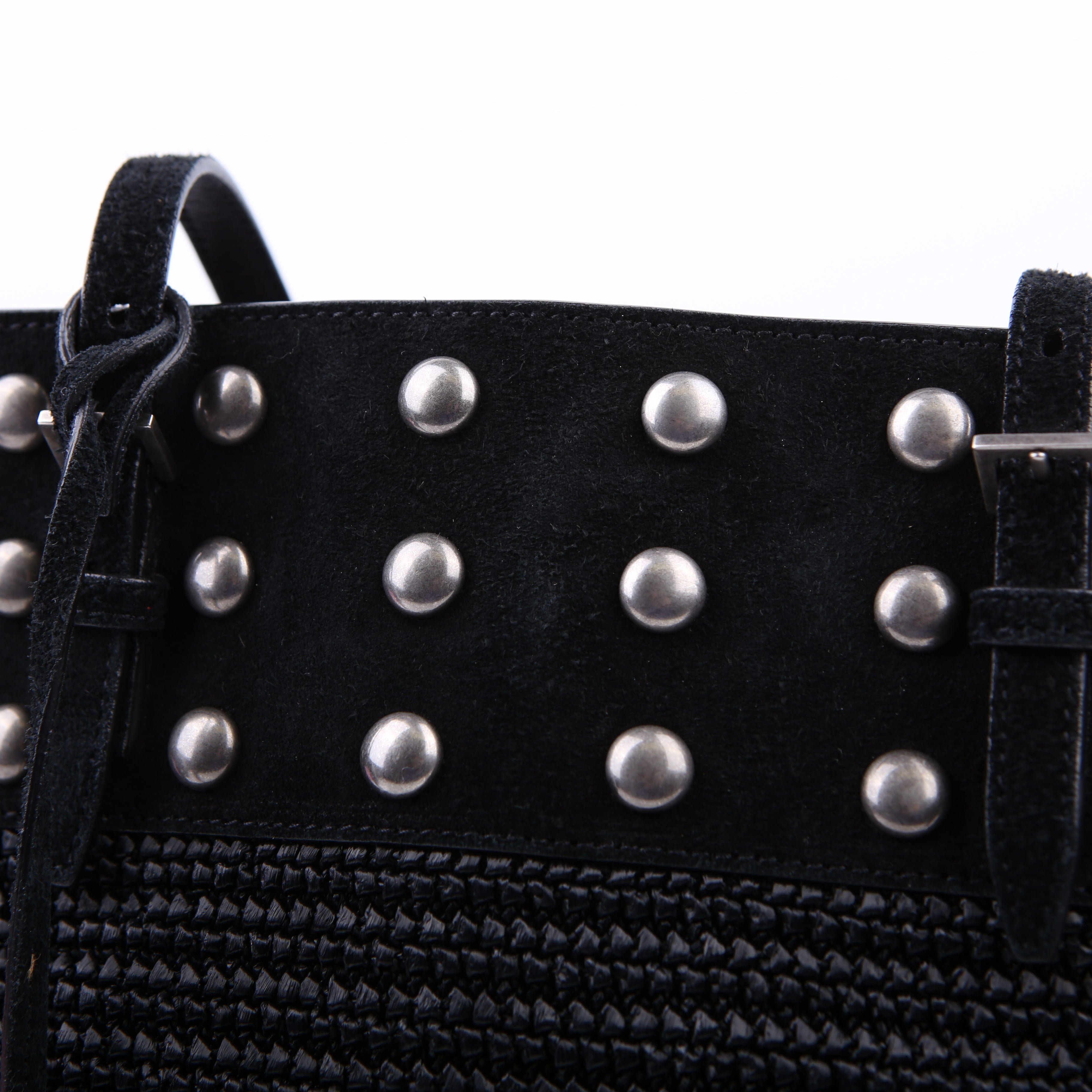 SAINT LAURENT Raffia/Leather Studded Shopping Tote Black