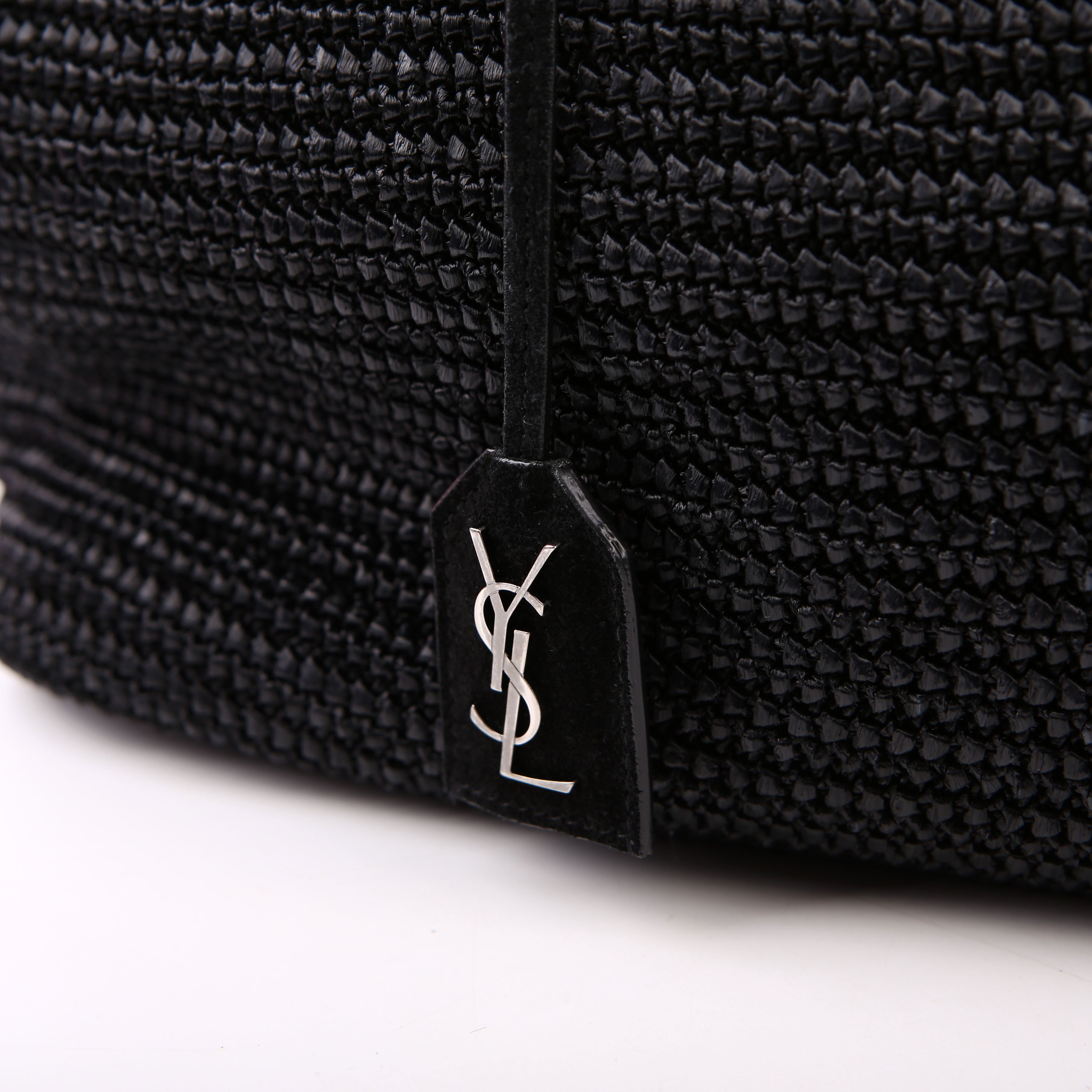 SAINT LAURENT Raffia/Leather Studded Shopping Tote Black