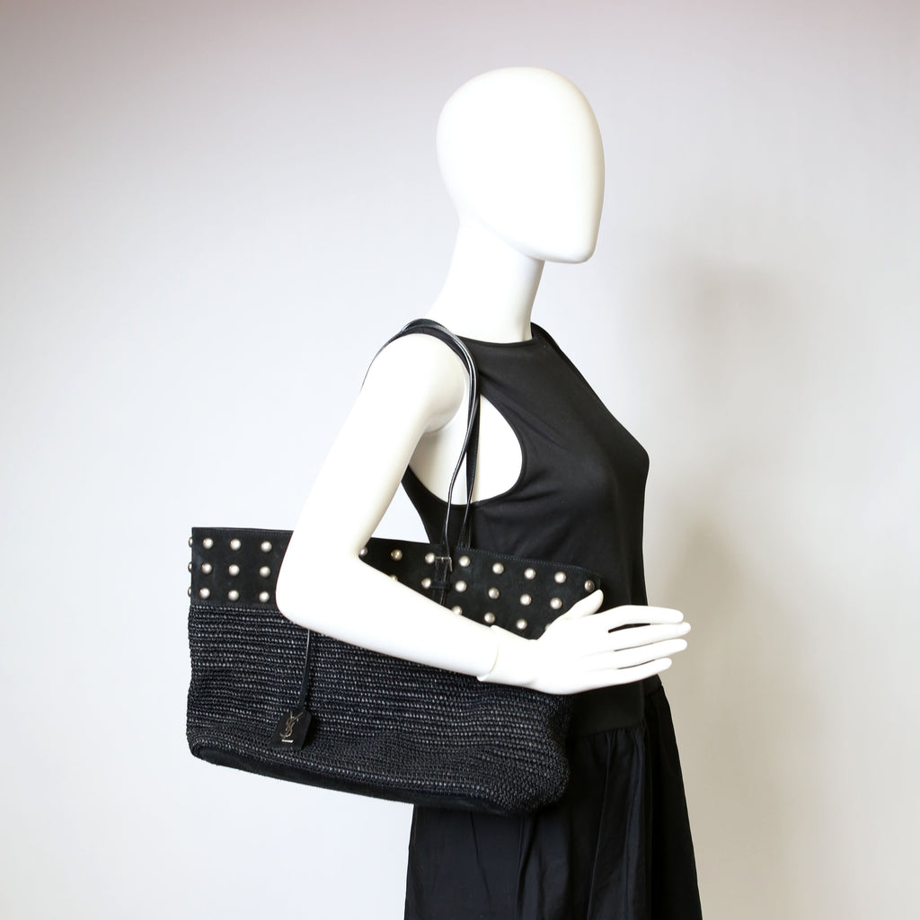 SAINT LAURENT Raffia/Leather Studded Shopping Tote Black