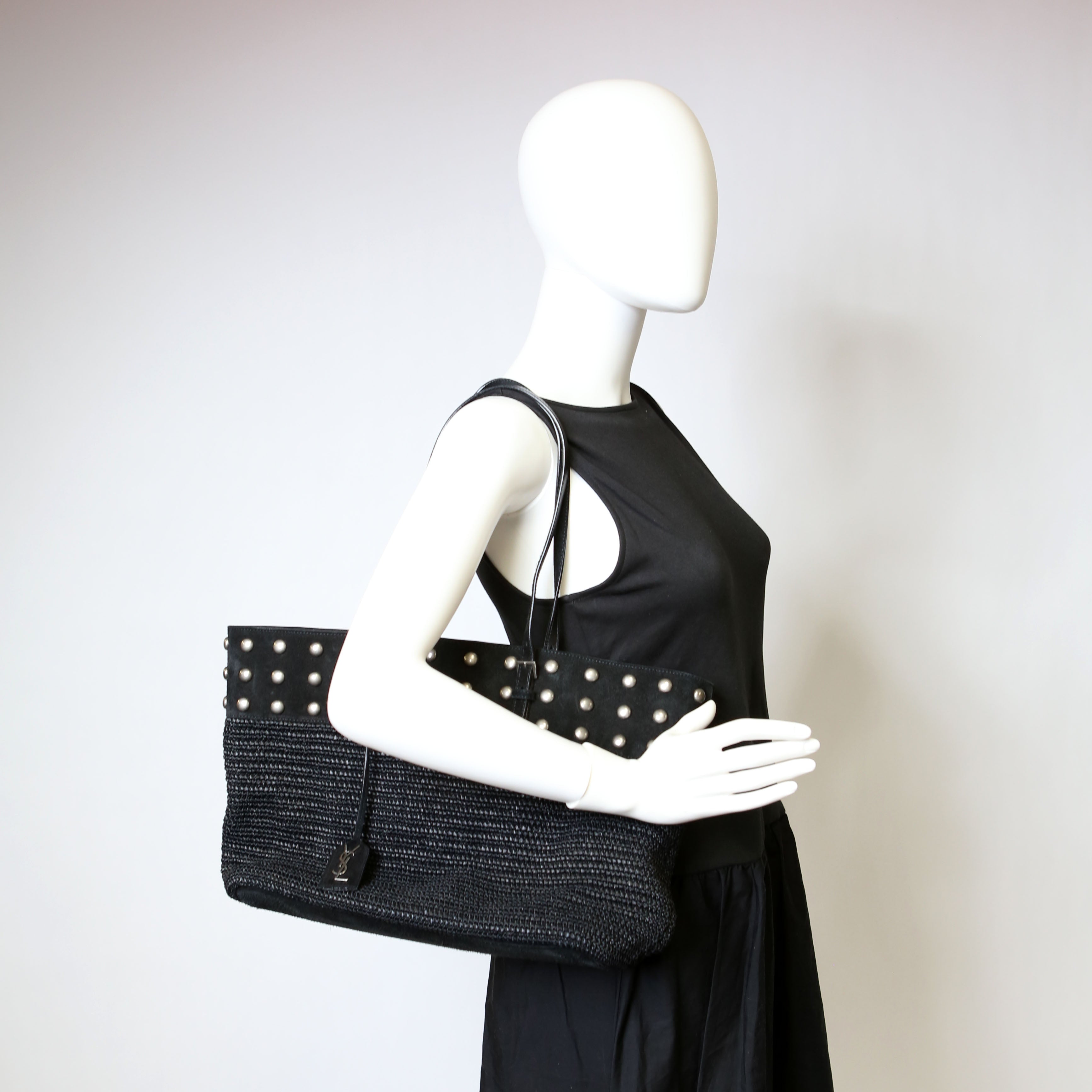 SAINT LAURENT Raffia/Leather Studded Shopping Tote Black
