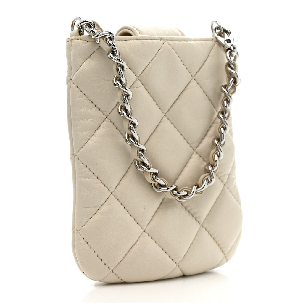 Chanel Lambskin Quilted Phone Holder On Chain White