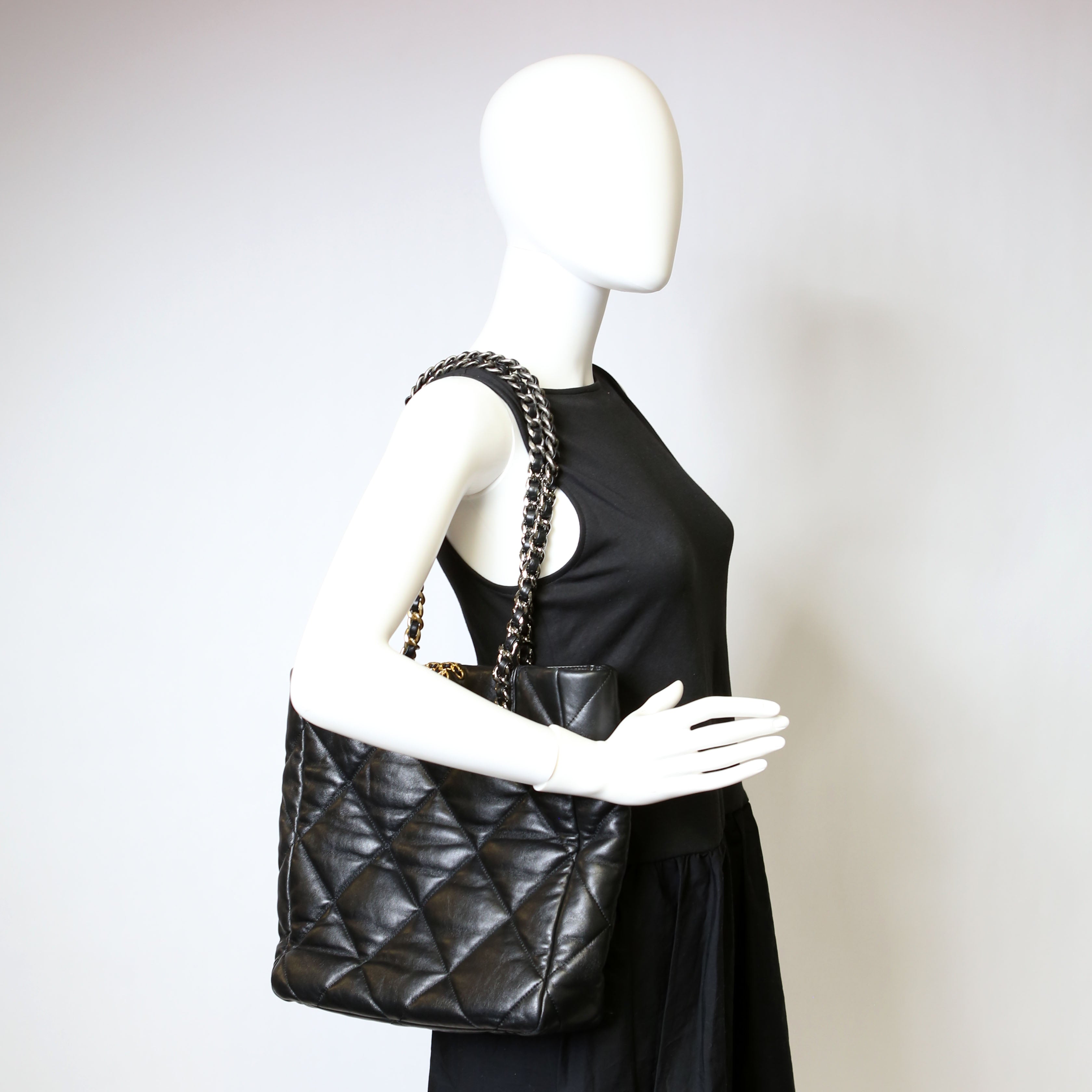 Chanel 19 Quilted Goatskin N/S Shopping Tote Black