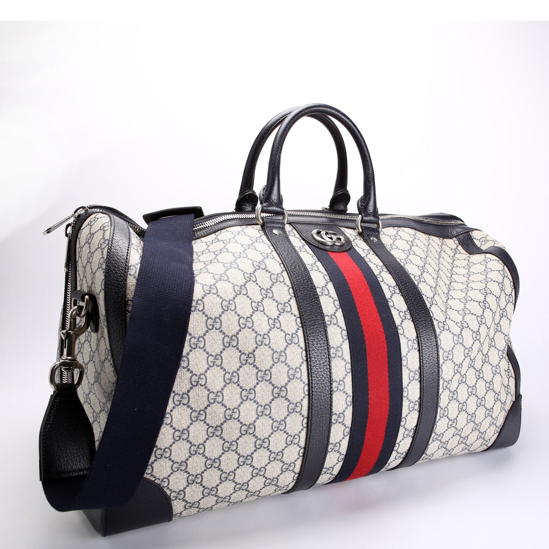 Gucci 696039 GG Supreme Canvas Large Duffle Bag Navy/Beige/Red