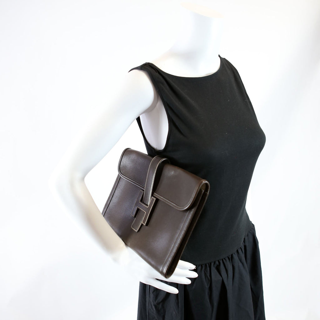 Hermes Jige PM Clutch Box Calfskin Brown