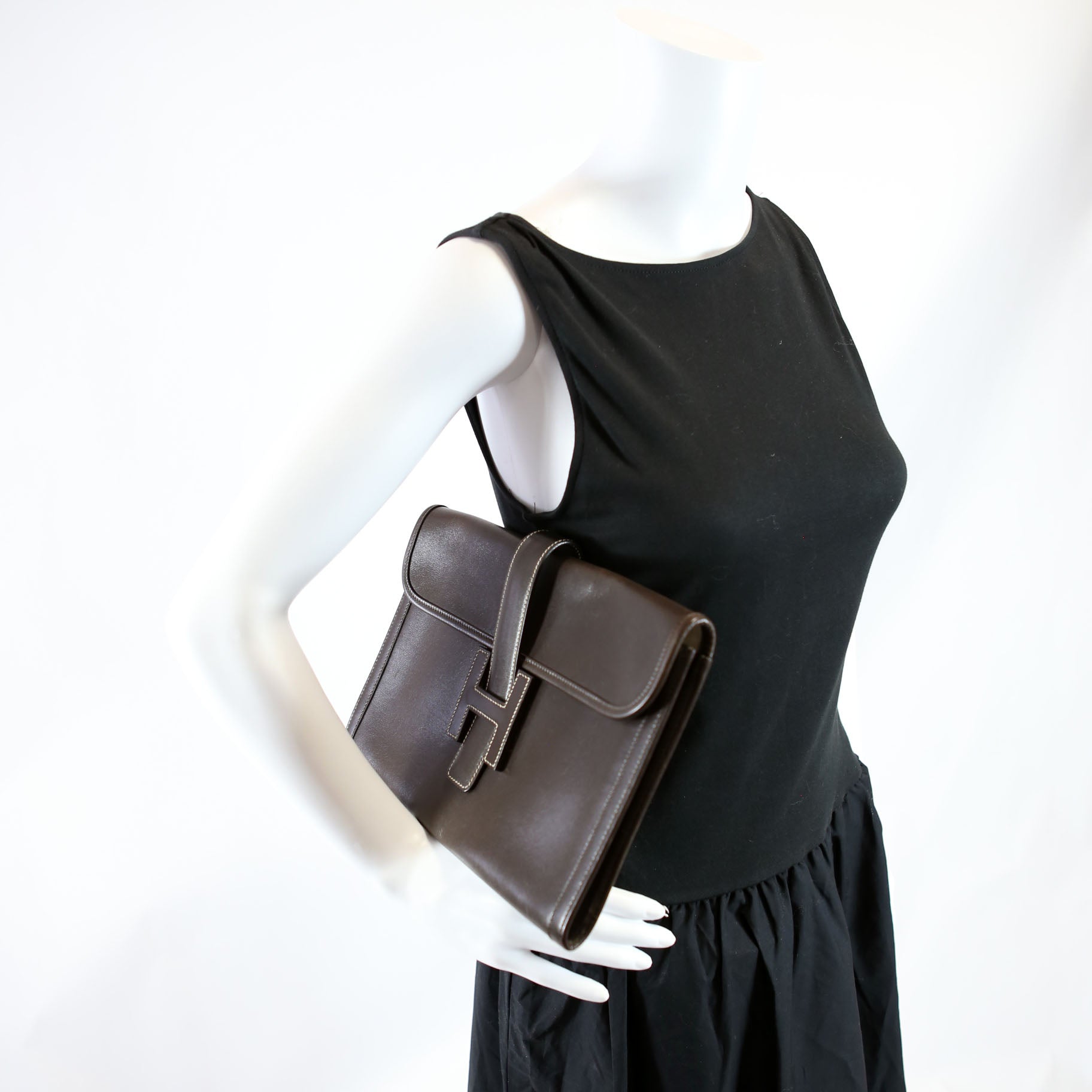 Hermes Jige PM Clutch Box Calfskin Brown