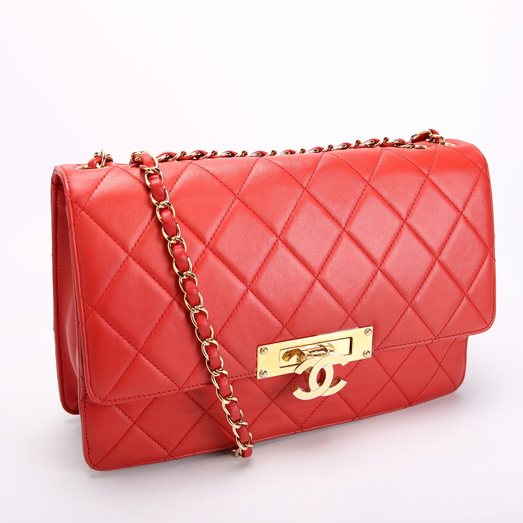 Golden Class Large Flap Bag Quilted Lambskin 19M Red