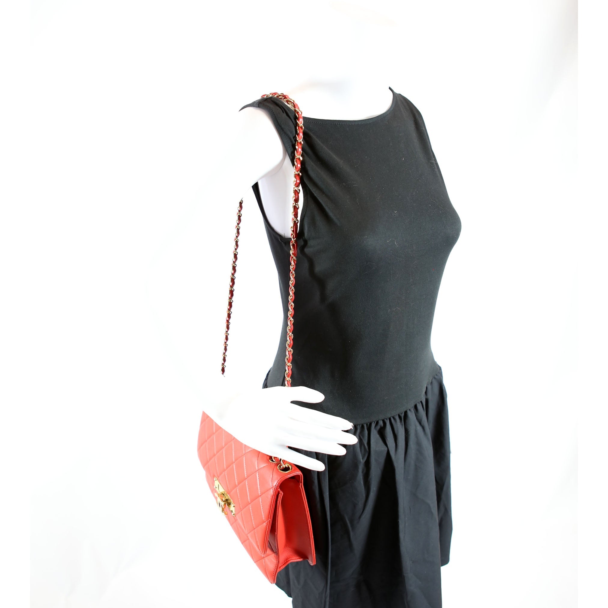 Golden Class Large Flap Bag Quilted Lambskin 19M Red