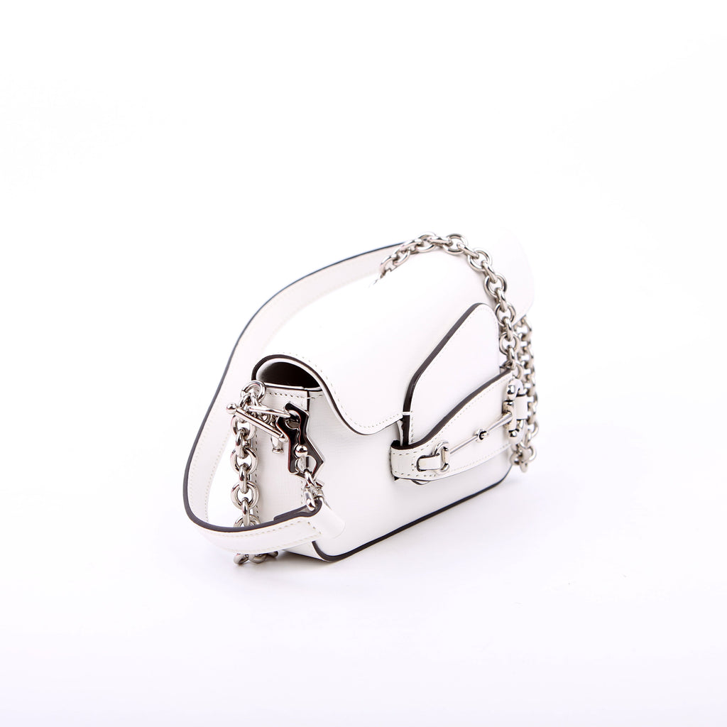 764155 Horsebit 1955 GG Leather Asymmetric Shoulder White