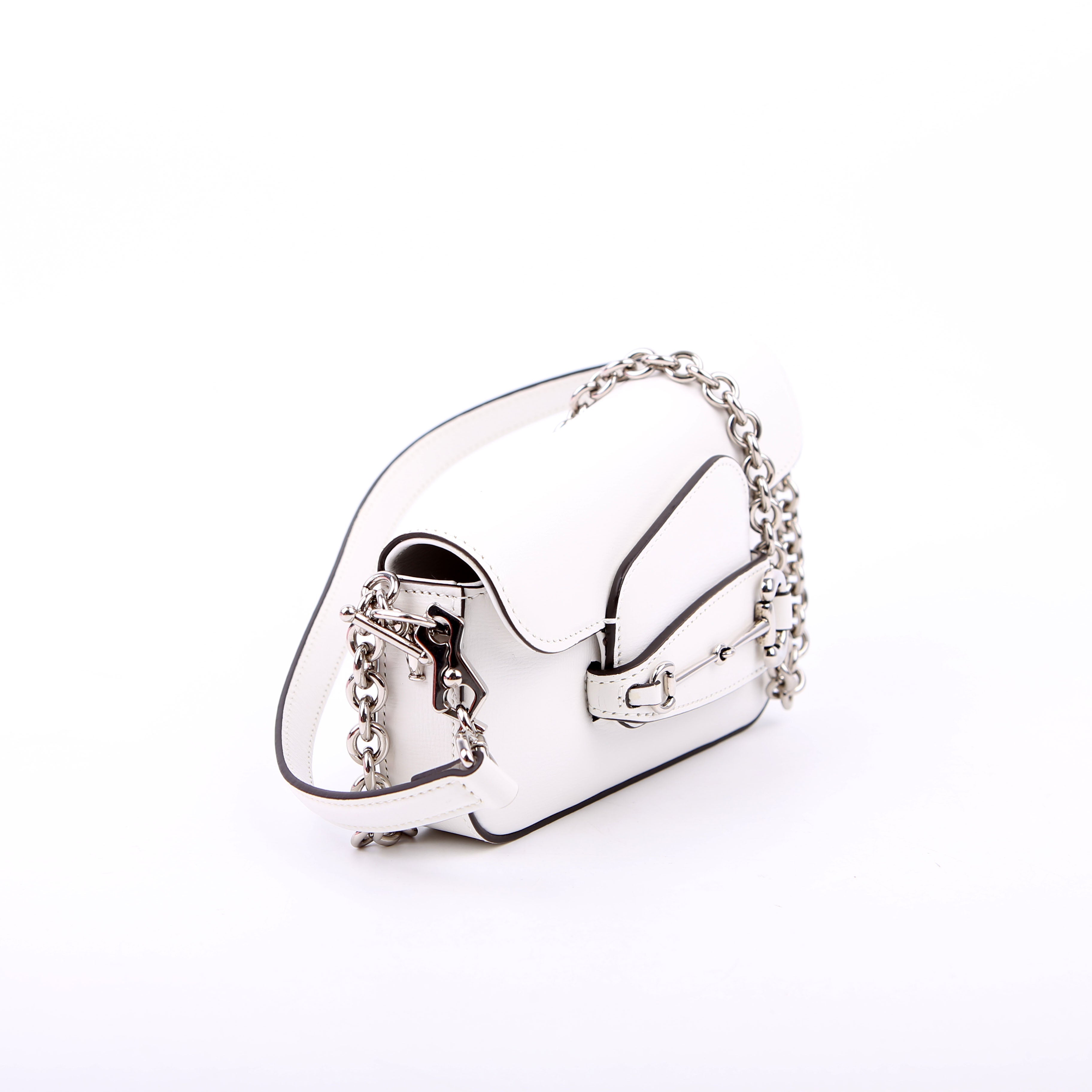 764155 Horsebit 1955 GG Leather Asymmetric Shoulder White