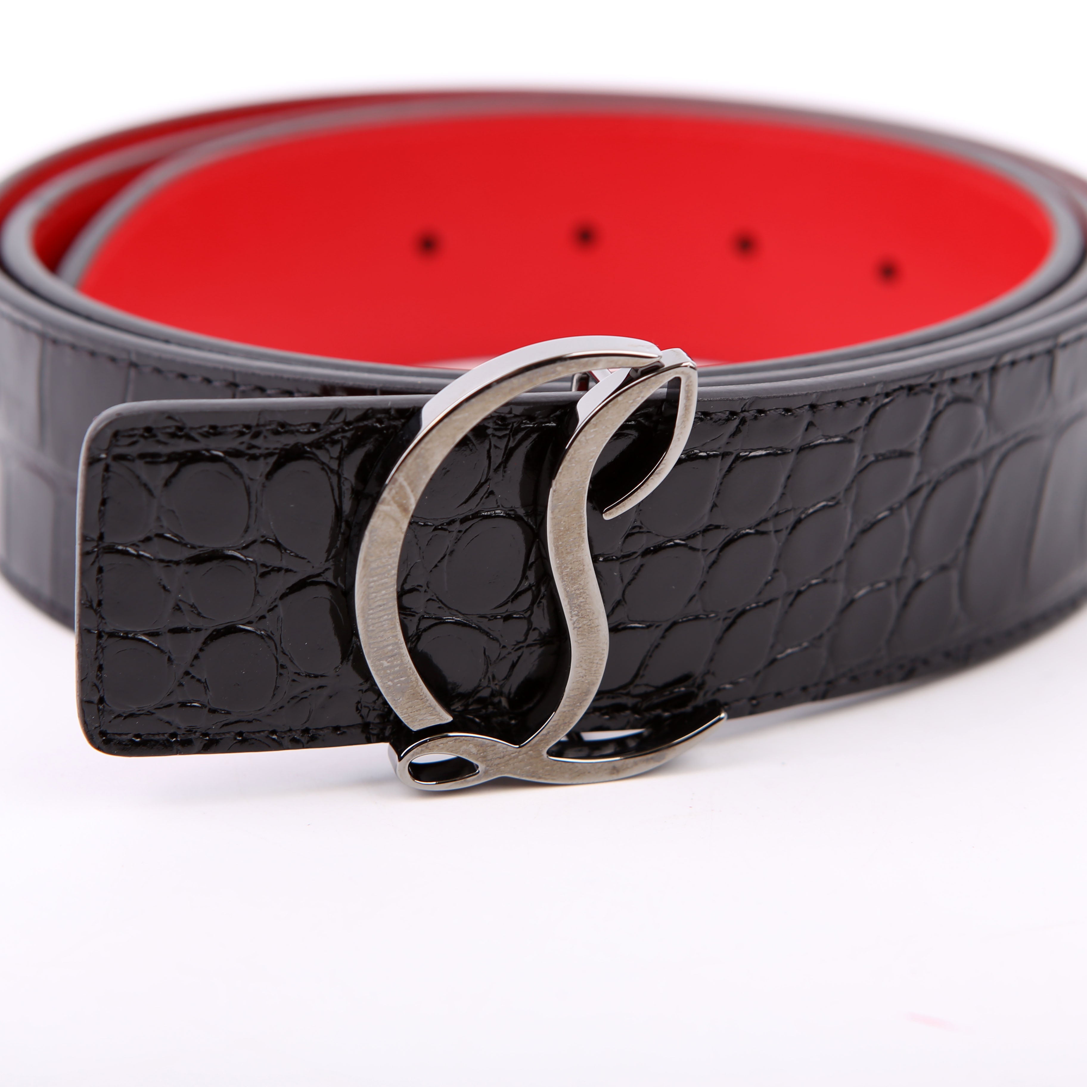 CL Logo Crocodile Embossed Belt Size 110/44 Black/Red