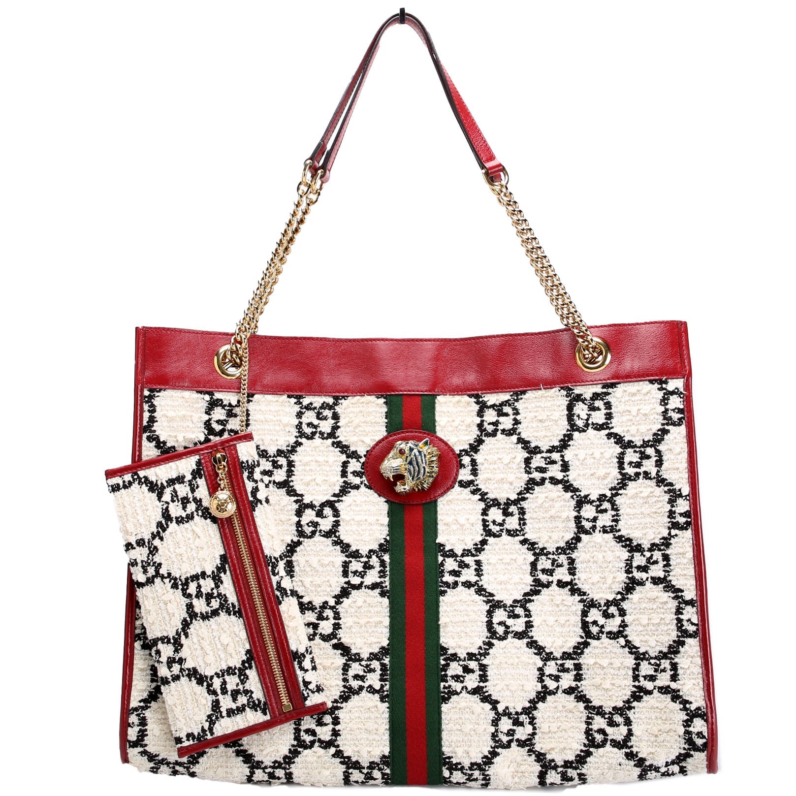 Gucci 537219 Rajah Chain GG Tweed Tote White/Red