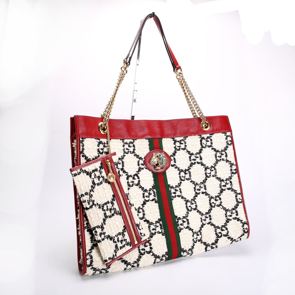 Gucci 537219 Rajah Chain GG Tweed Tote White/Red