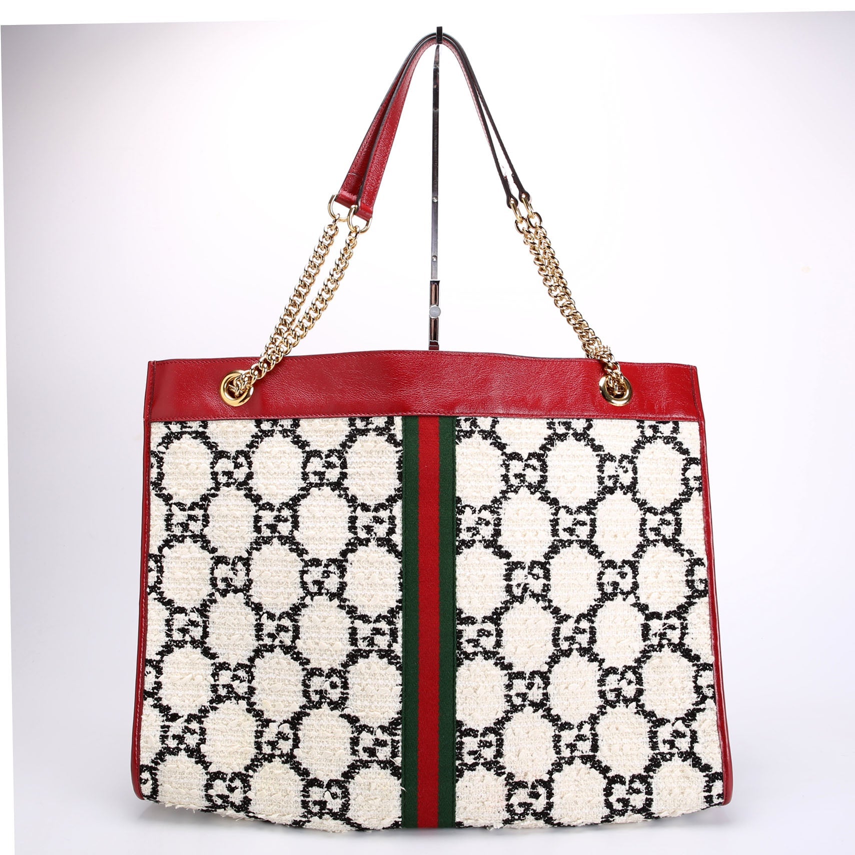 Gucci 537219 Rajah Chain GG Tweed Tote White/Red
