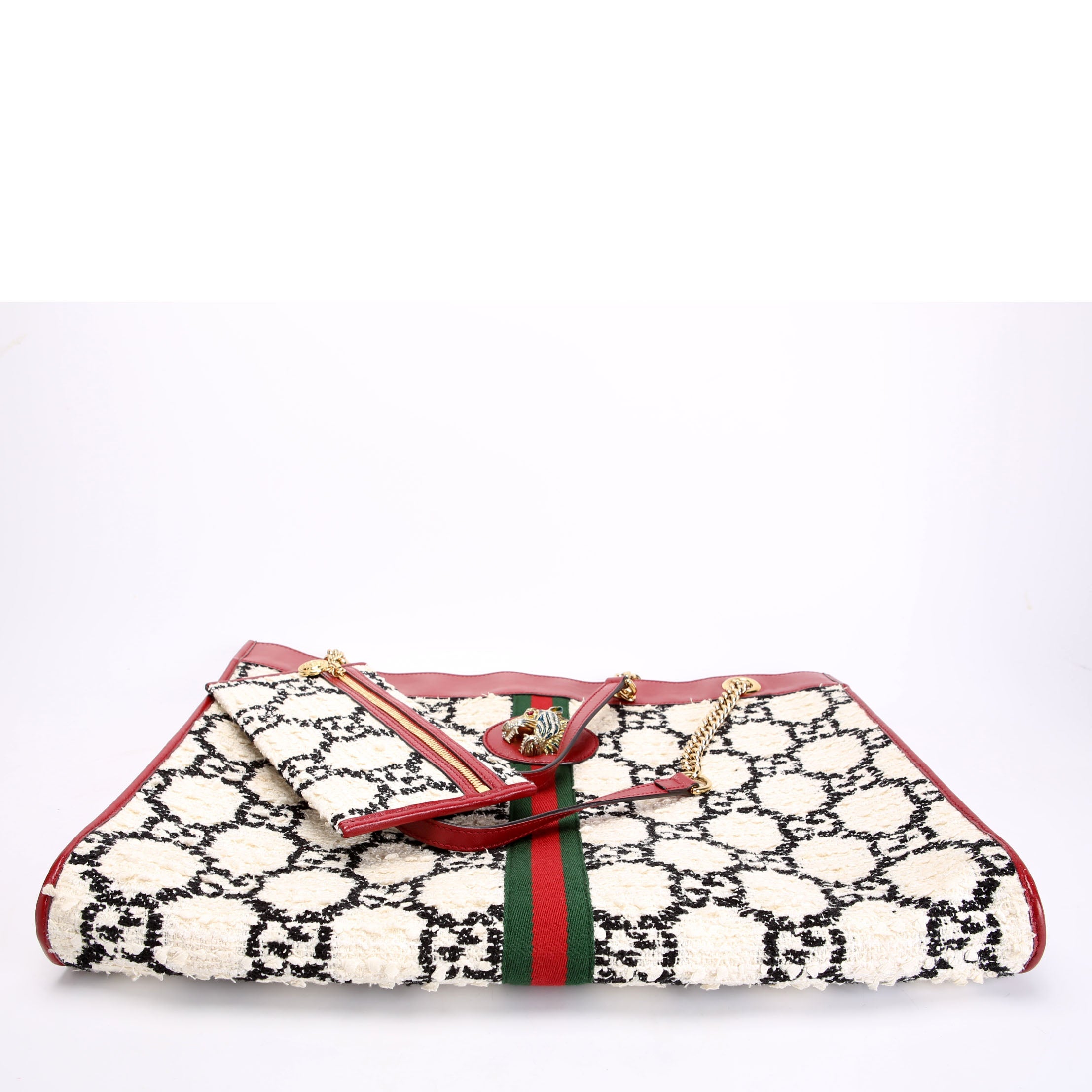 Gucci 537219 Rajah Chain GG Tweed Tote White/Red
