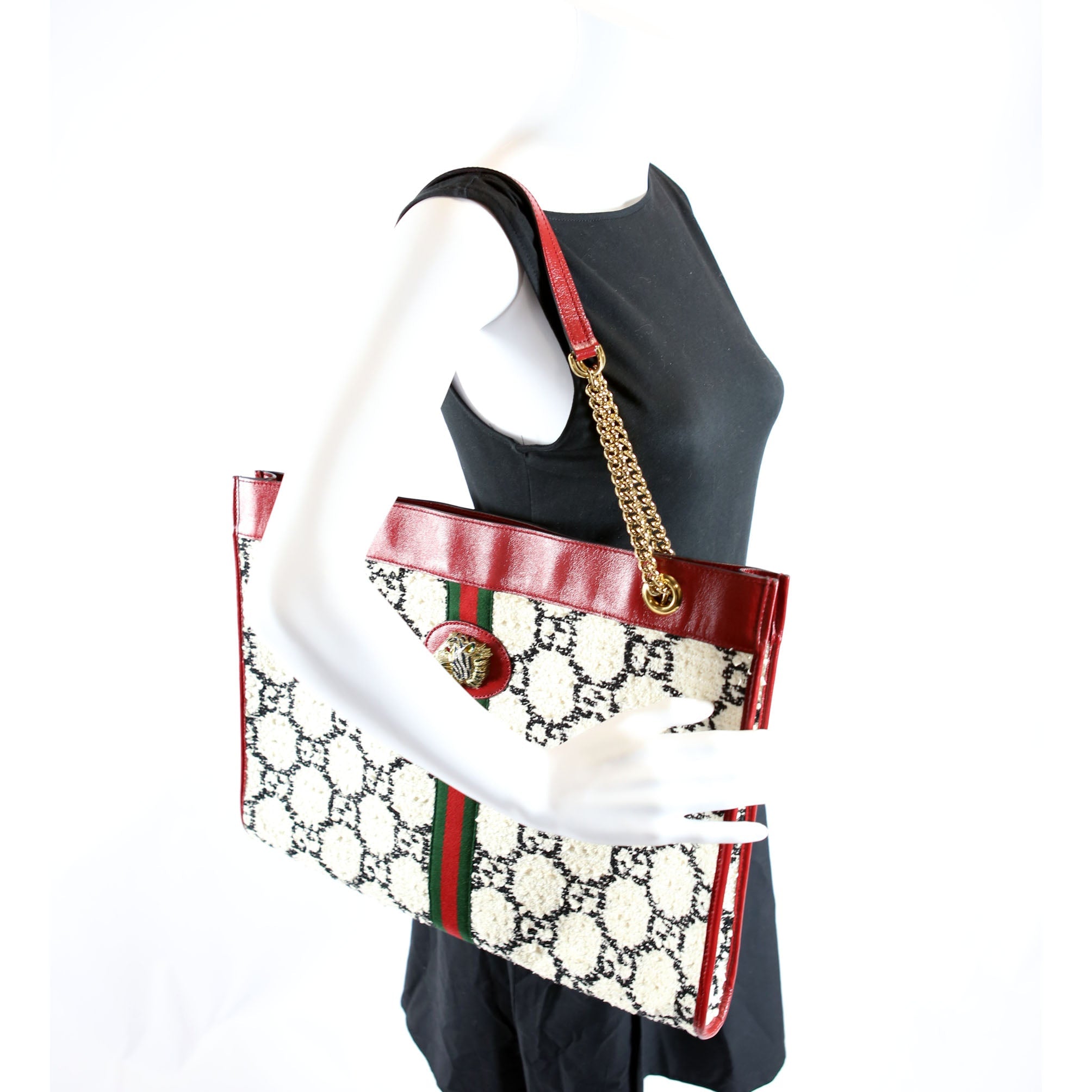 Gucci 537219 Rajah Chain GG Tweed Tote White/Red
