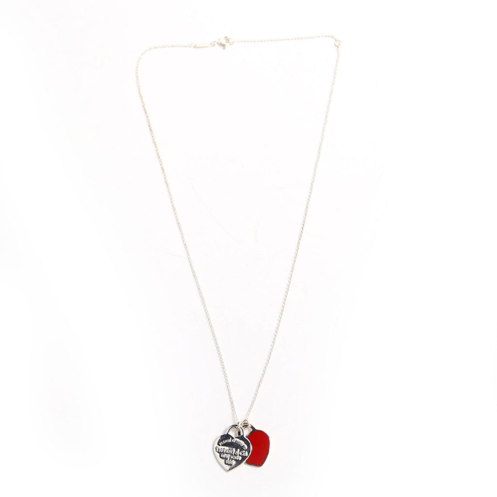 Please Return Small Double Enamel Heart Necklace 925 Red