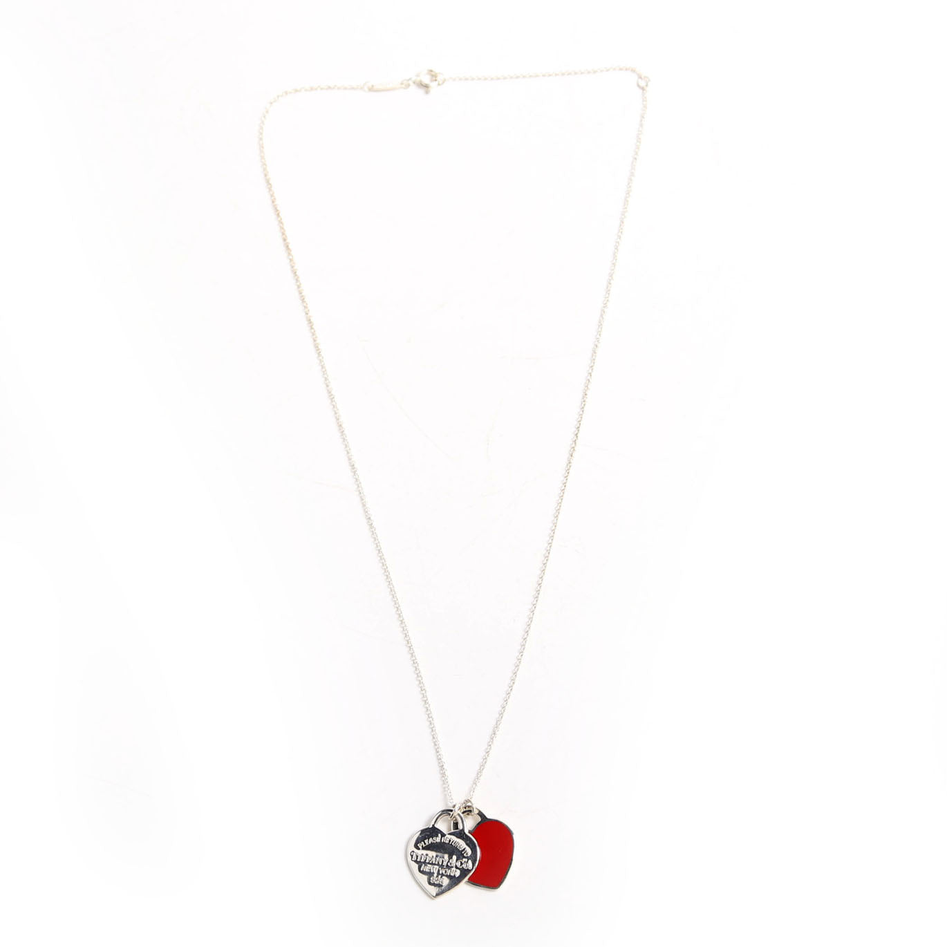 Please Return Small Double Enamel Heart Necklace 925 Red