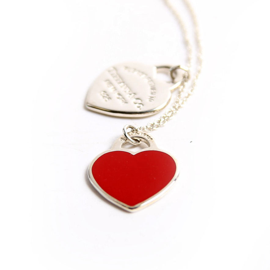 Please Return Small Double Enamel Heart Necklace 925 Red