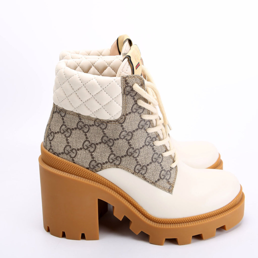 Lace Up GG Supreme Quilted Ankle Boots Size 36 White/Beige