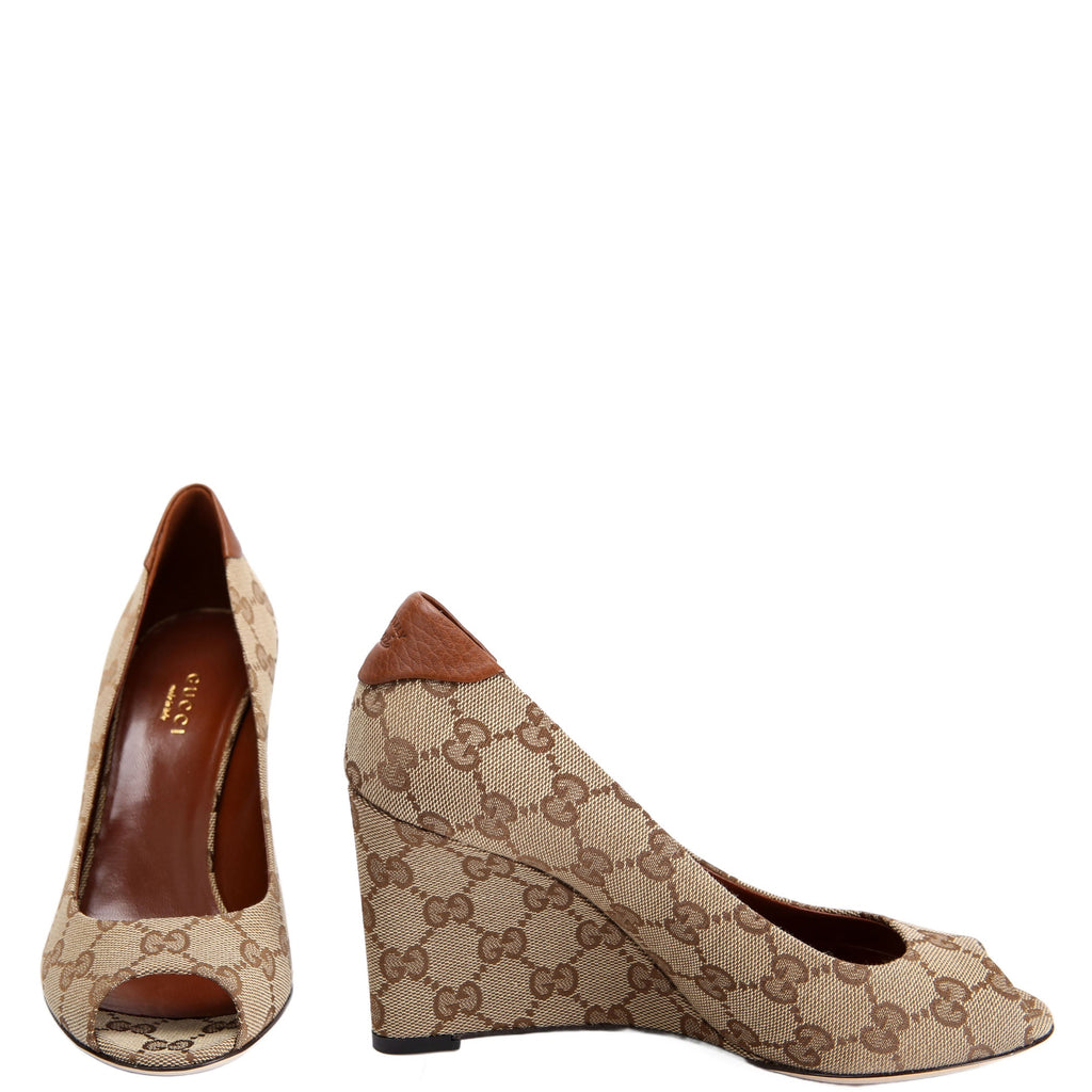 GG Canvas Peep Toe wedges Size 36.5 Brown/Beige
