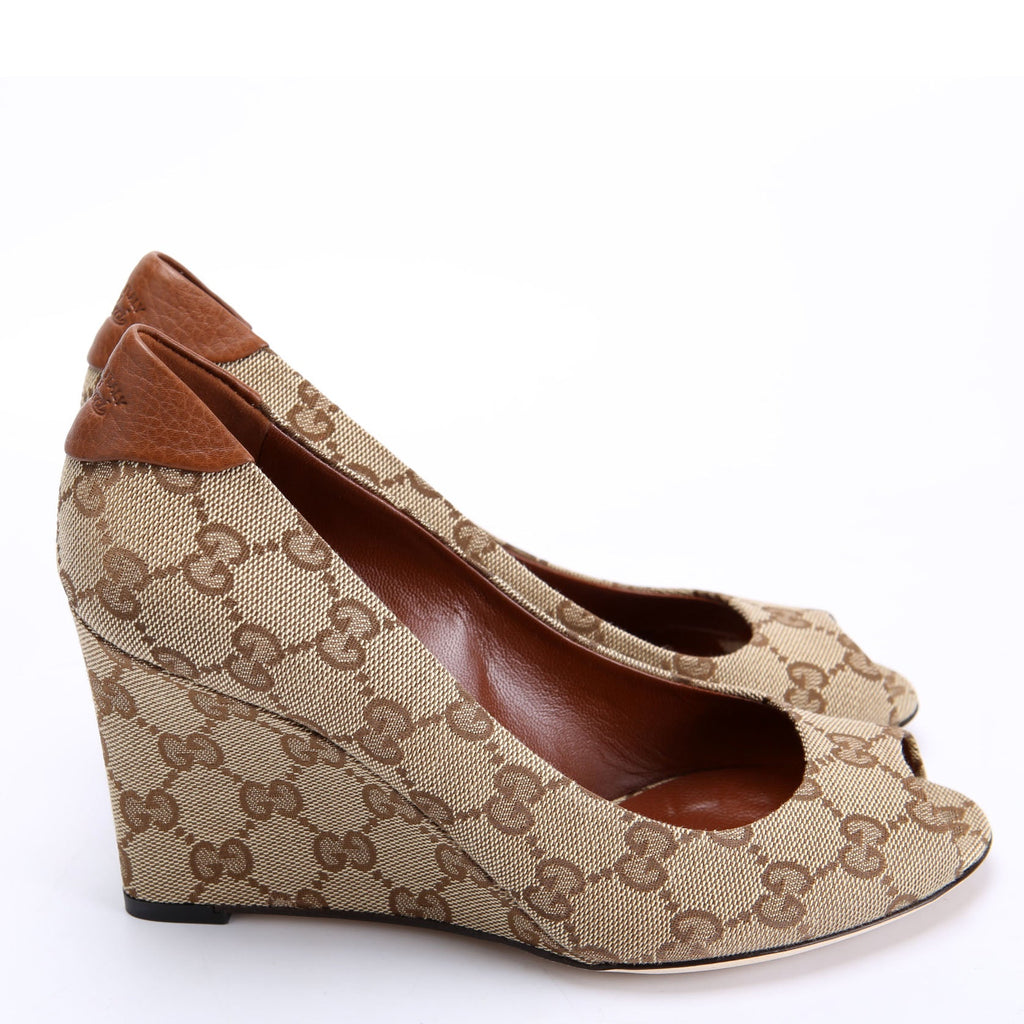 GG Canvas Peep Toe wedges Size 36.5 Brown/Beige