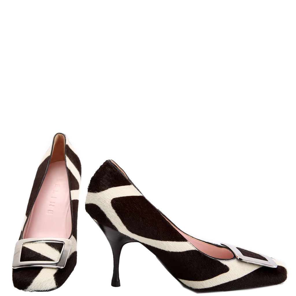 Pony Hair Round Toe Pumps Size 37.5 Brown/White