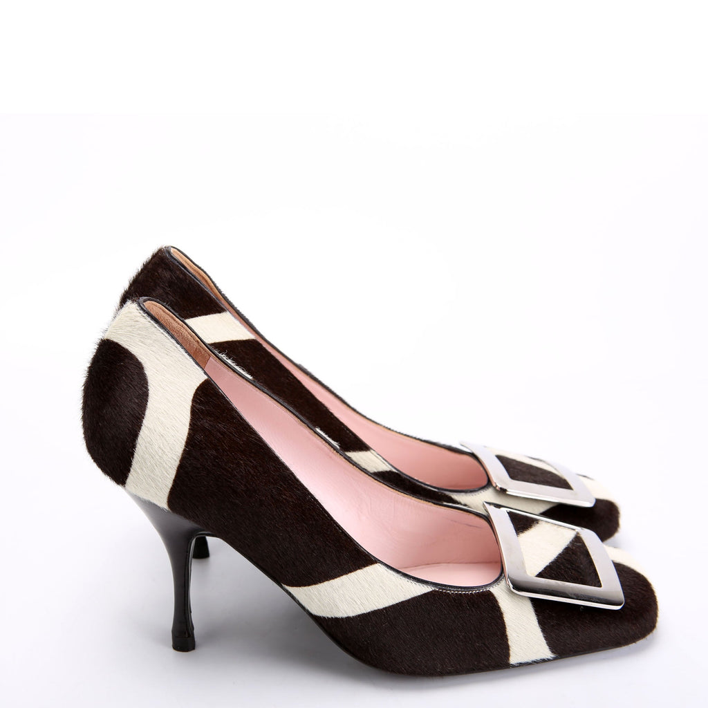 Pony Hair Round Toe Pumps Size 37.5 Brown/White