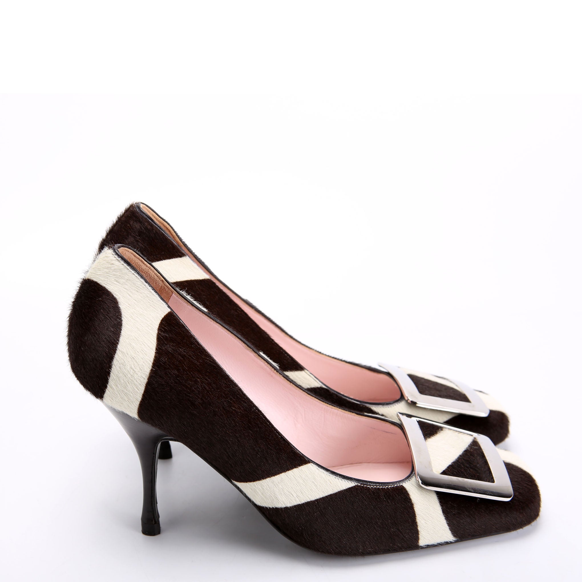 Pony Hair Round Toe Pumps Size 37.5 Brown/White