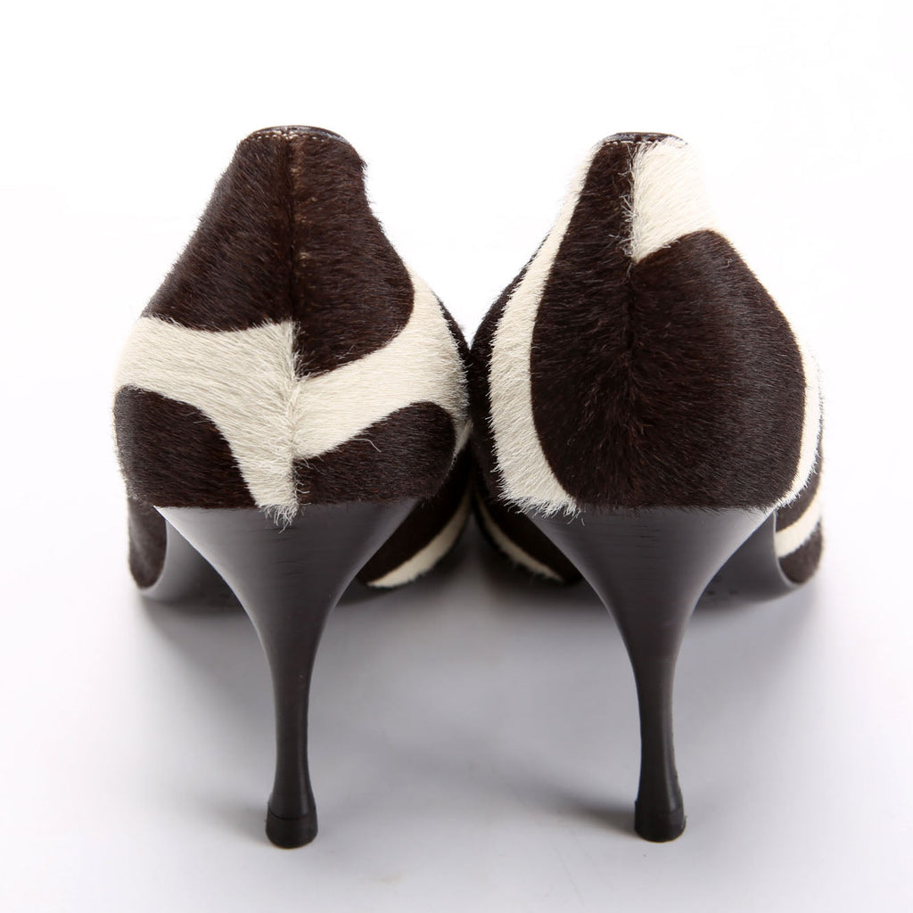 Pony Hair Round Toe Pumps Size 37.5 Brown/White