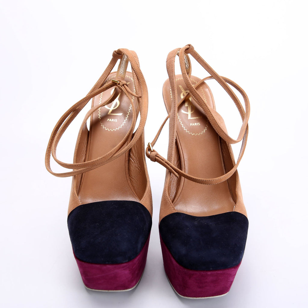 SAINT LAURENT Color Block Suede Slingback Pumps Size 37.5 Multicolor