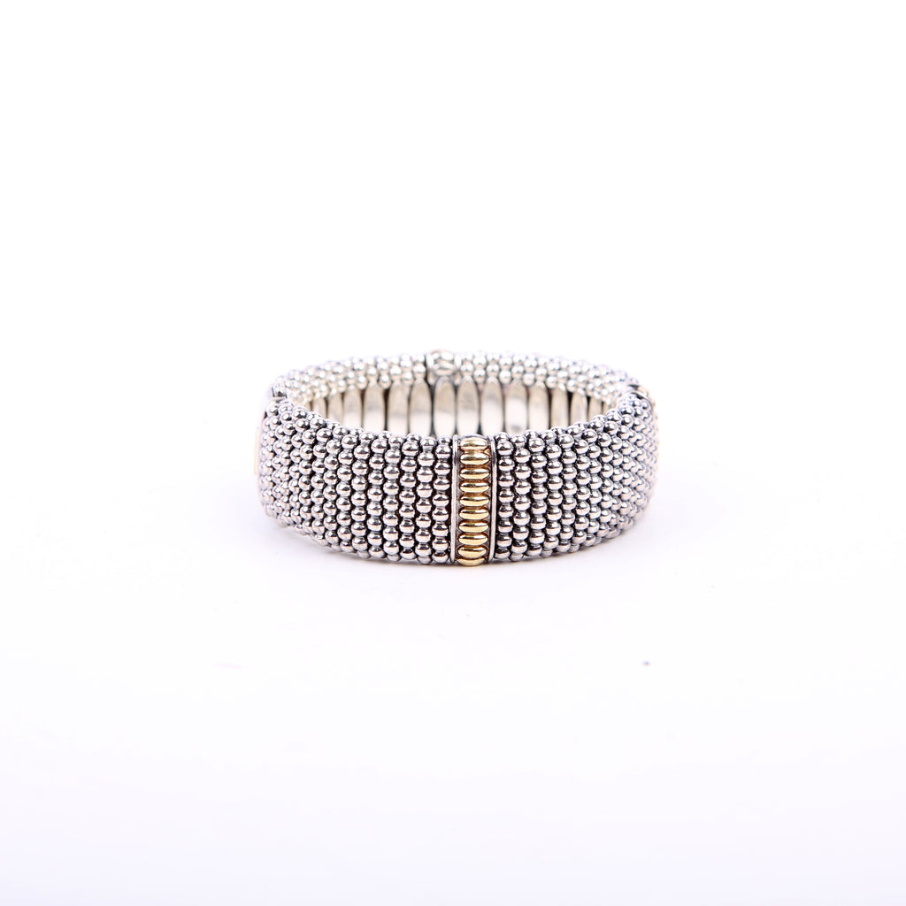 Three Station Caviar Beaded 23MM 925/750 Bracelet Silver/Gold