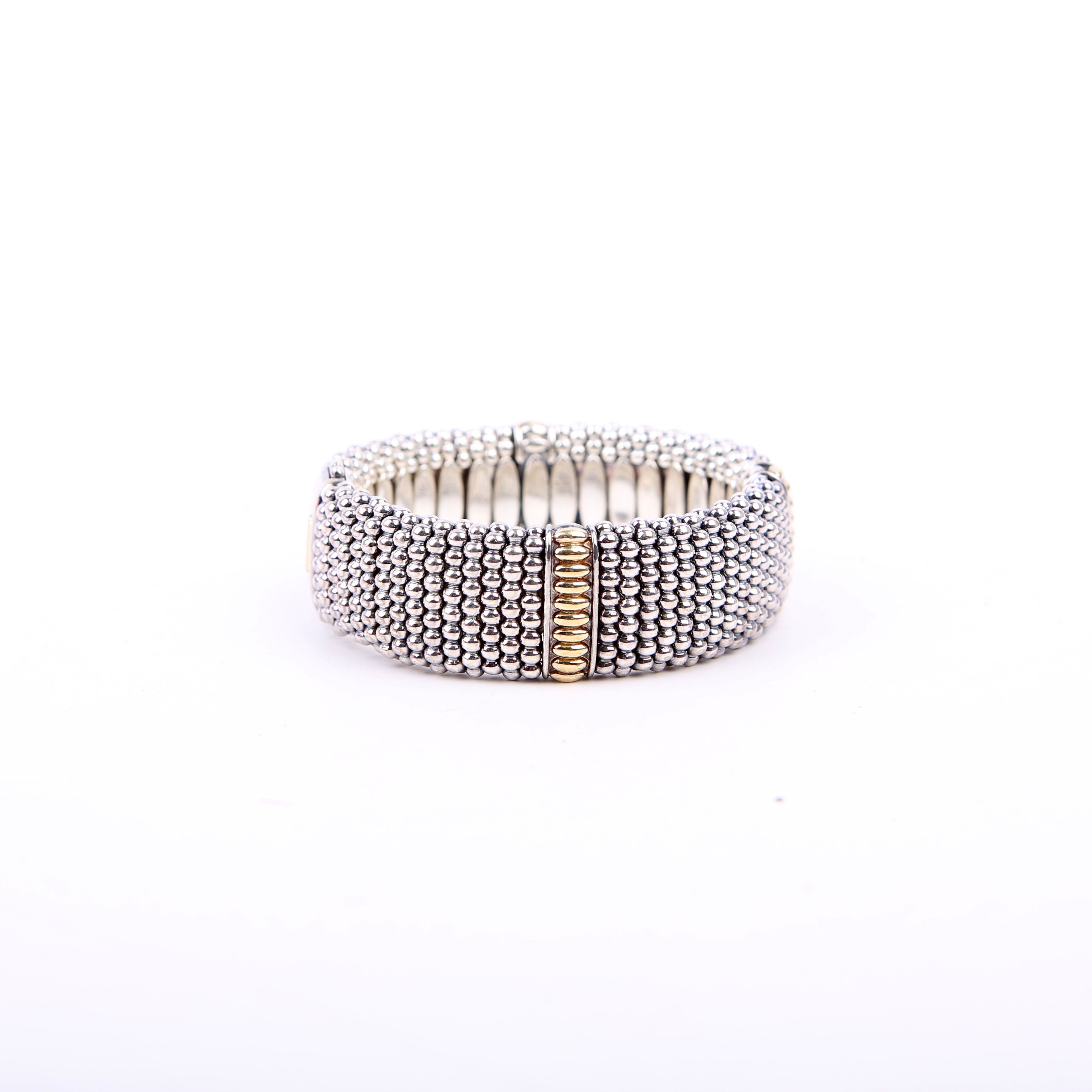 Three Station Caviar Beaded 23MM 925/750 Bracelet Silver/Gold