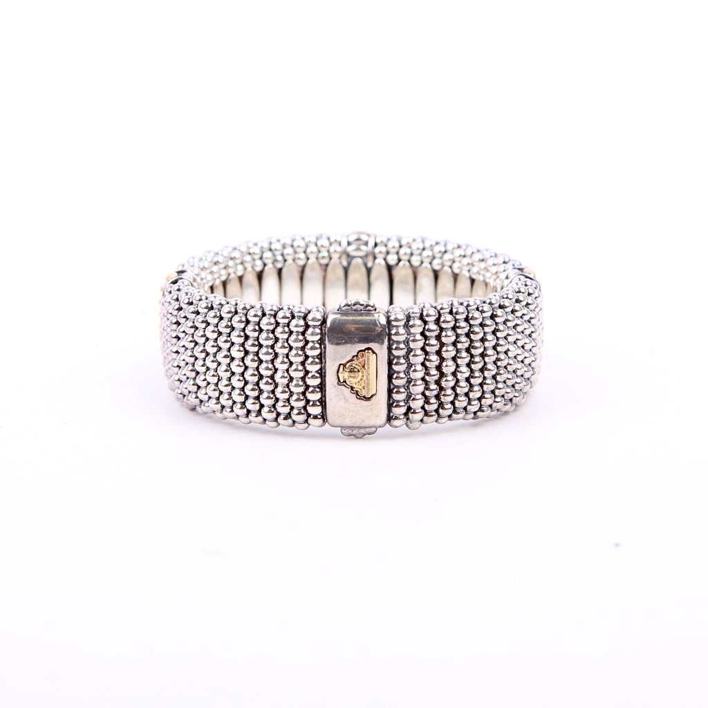 Three Station Caviar Beaded 23MM 925/750 Bracelet Silver/Gold