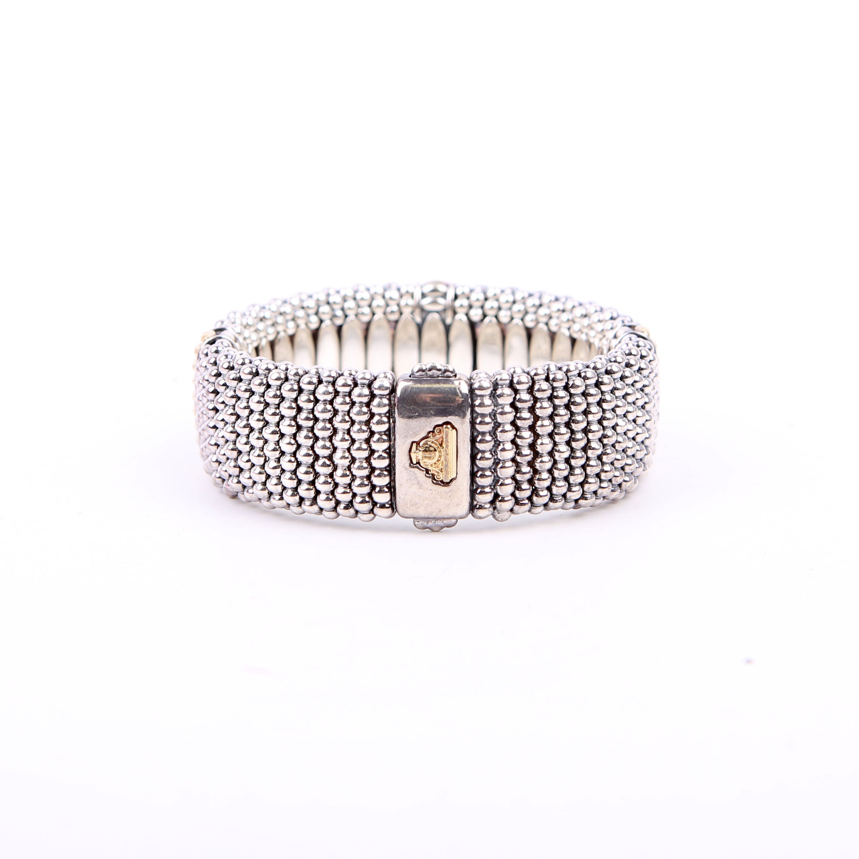 Three Station Caviar Beaded 23MM 925/750 Bracelet Silver/Gold