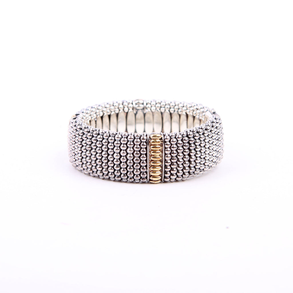 Three Station Caviar Beaded 23MM 925/750 Bracelet Silver/Gold