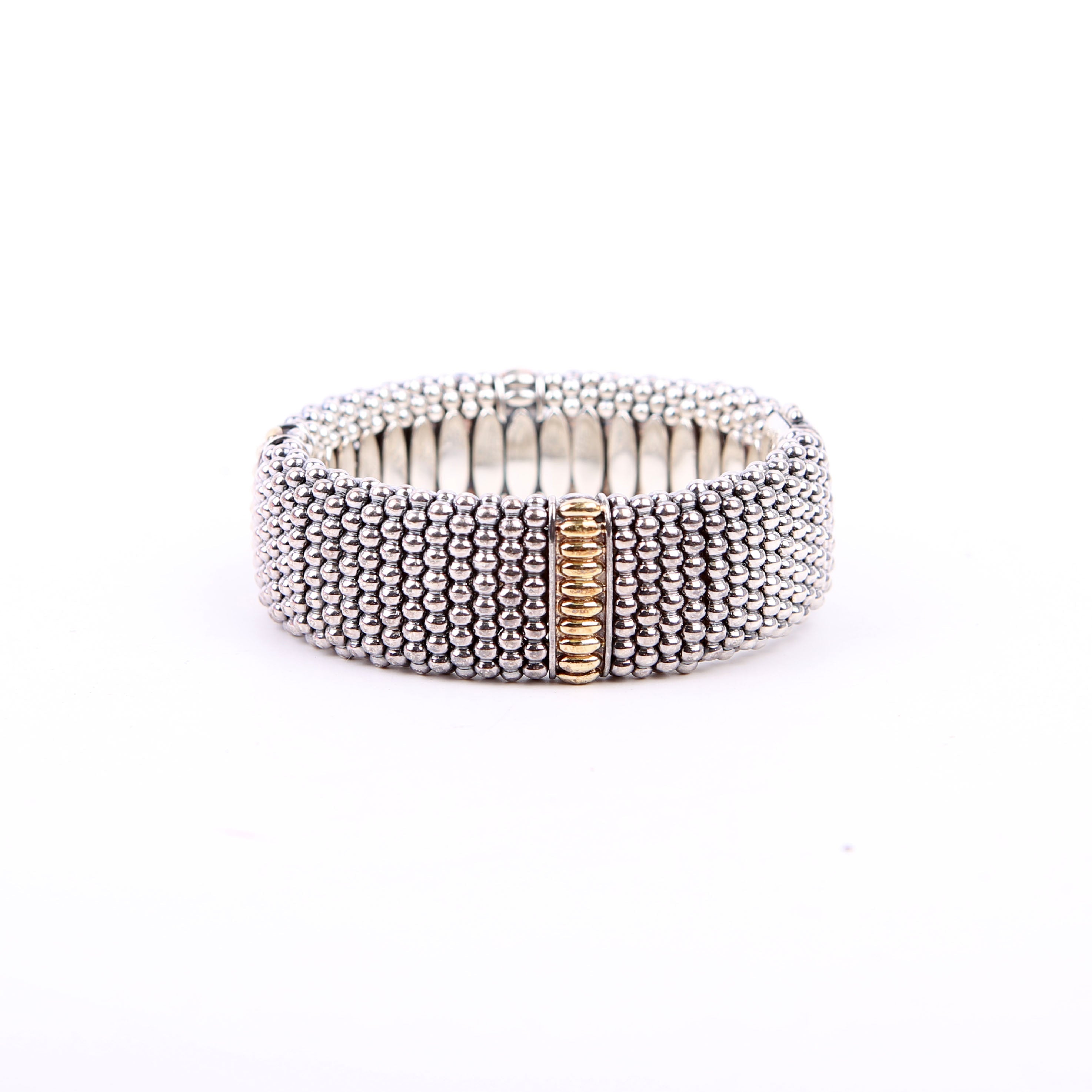 Three Station Caviar Beaded 23MM 925/750 Bracelet Silver/Gold