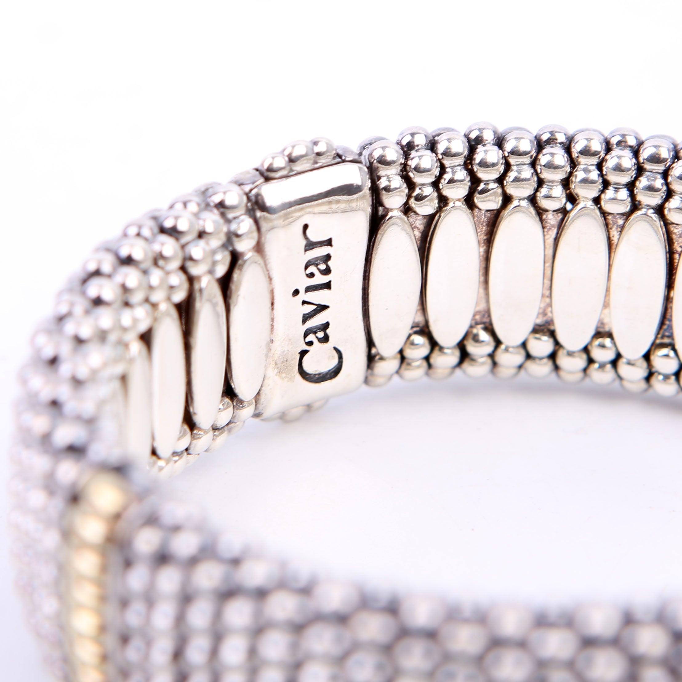 Three Station Caviar Beaded 23MM 925/750 Bracelet Silver/Gold