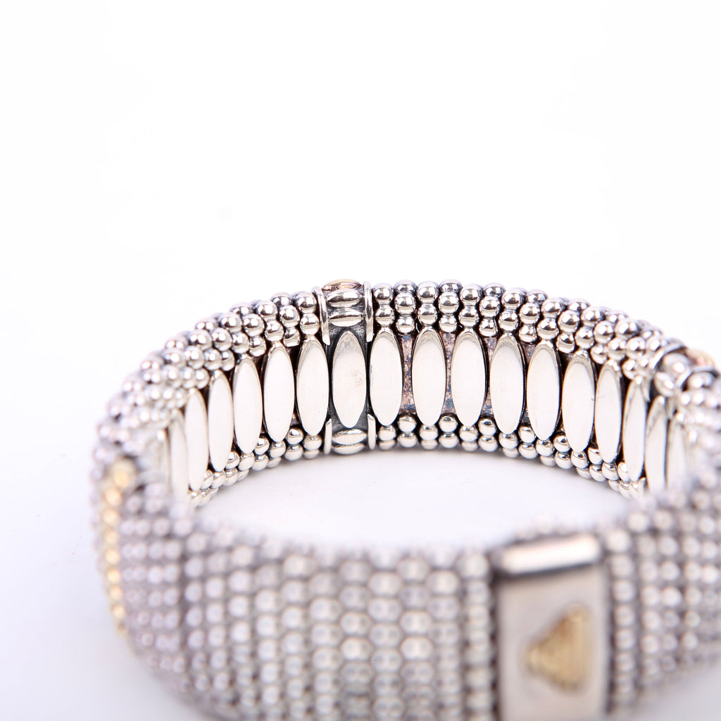 Three Station Caviar Beaded 23MM 925/750 Bracelet Silver/Gold