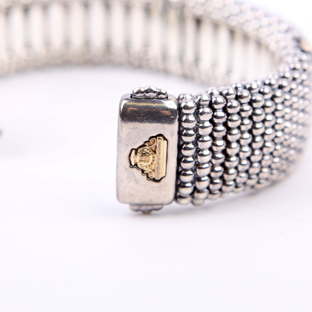 Three Station Caviar Beaded 23MM 925/750 Bracelet Silver/Gold