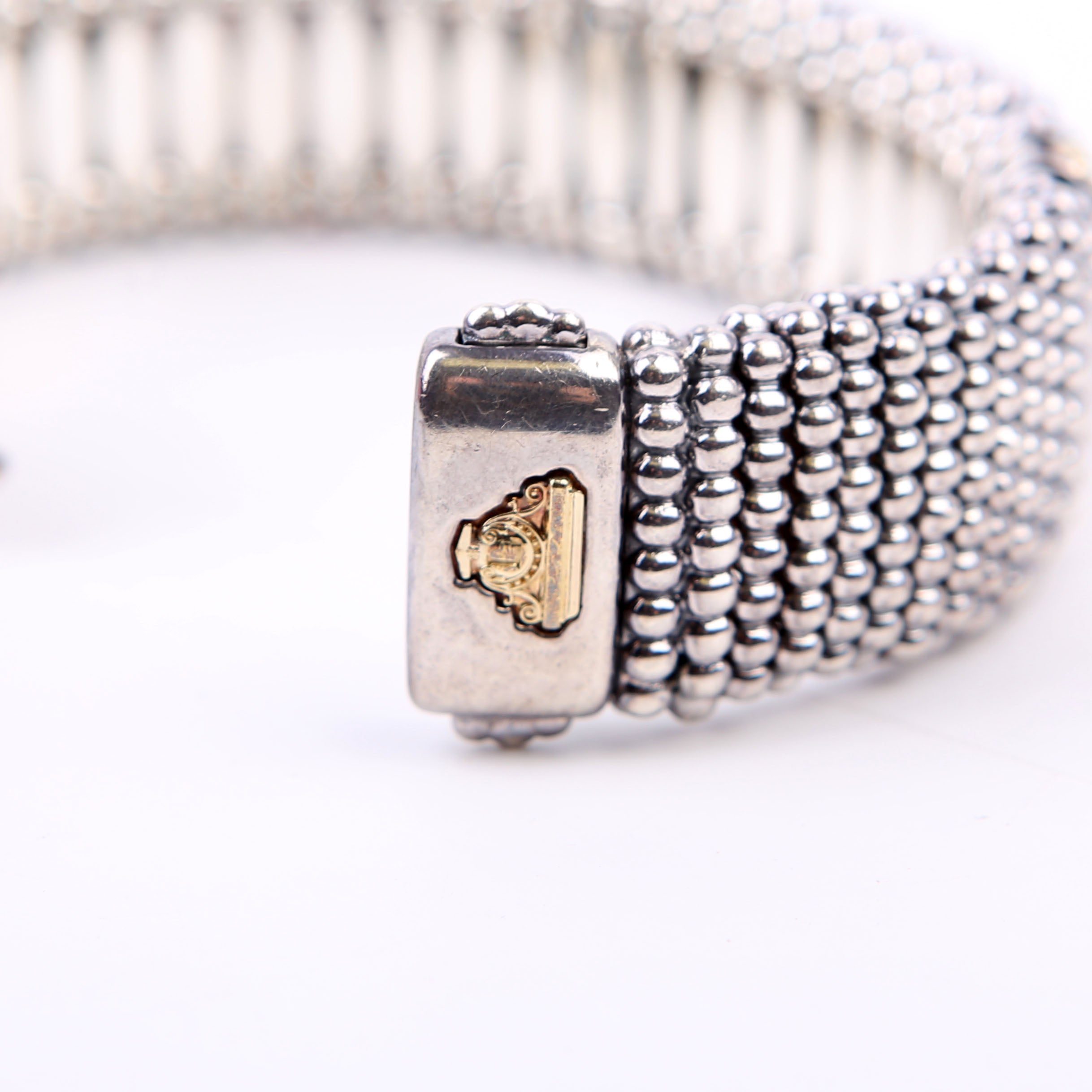 Three Station Caviar Beaded 23MM 925/750 Bracelet Silver/Gold