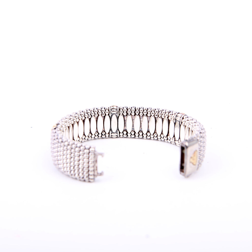 Three Station Caviar Beaded 23MM 925/750 Bracelet Silver/Gold