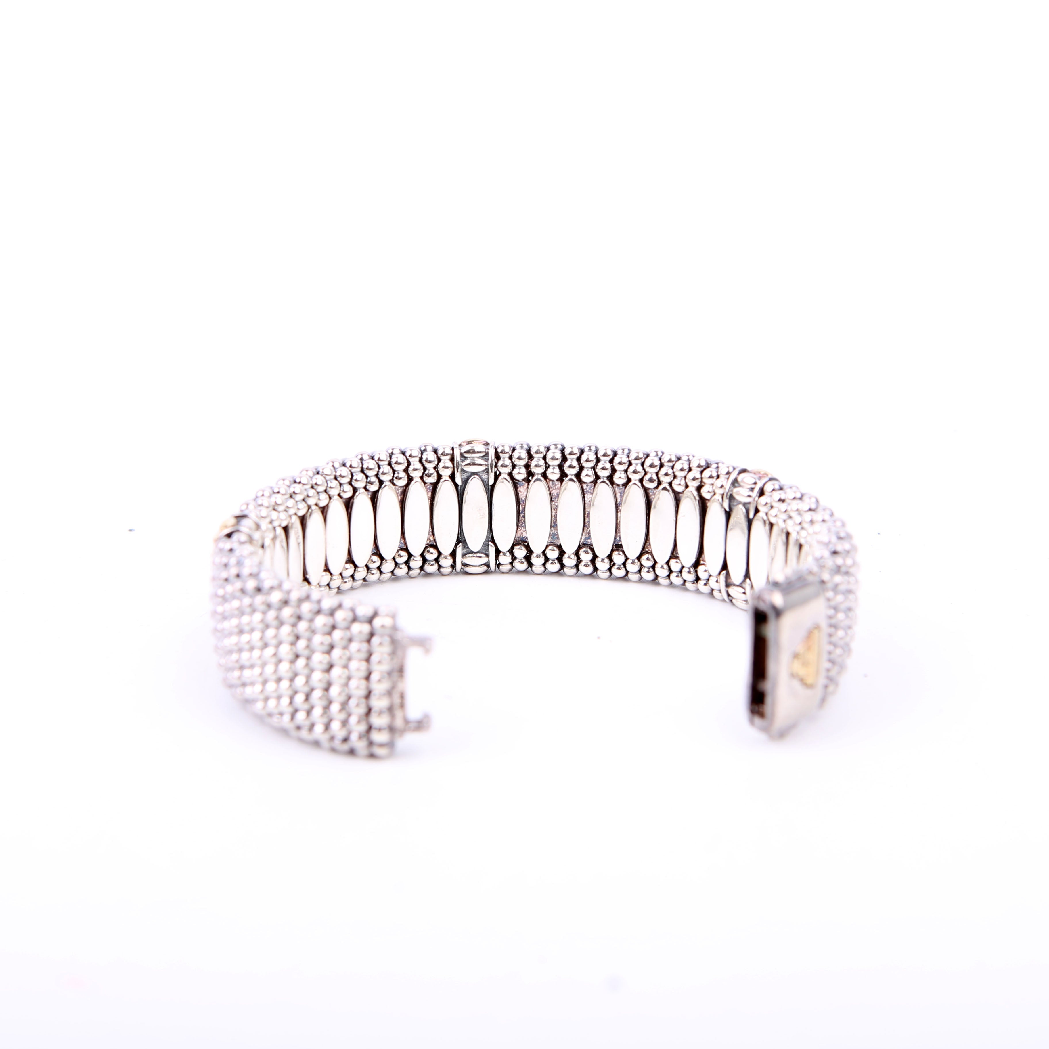 Three Station Caviar Beaded 23MM 925/750 Bracelet Silver/Gold