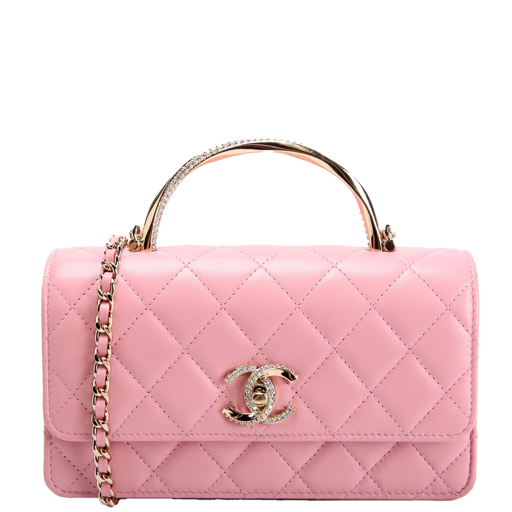 Crystal CC Top Handle Phone Holder Lambskin (RFID) Pink/Gold