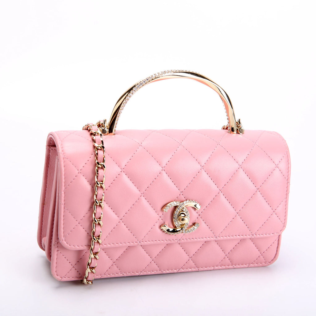 Crystal CC Top Handle Phone Holder Lambskin (RFID) Pink/Gold