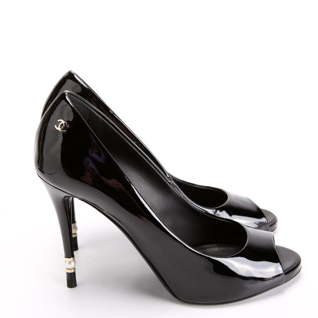 Peep Toe Patent Pearl Pumps Size 39 Black